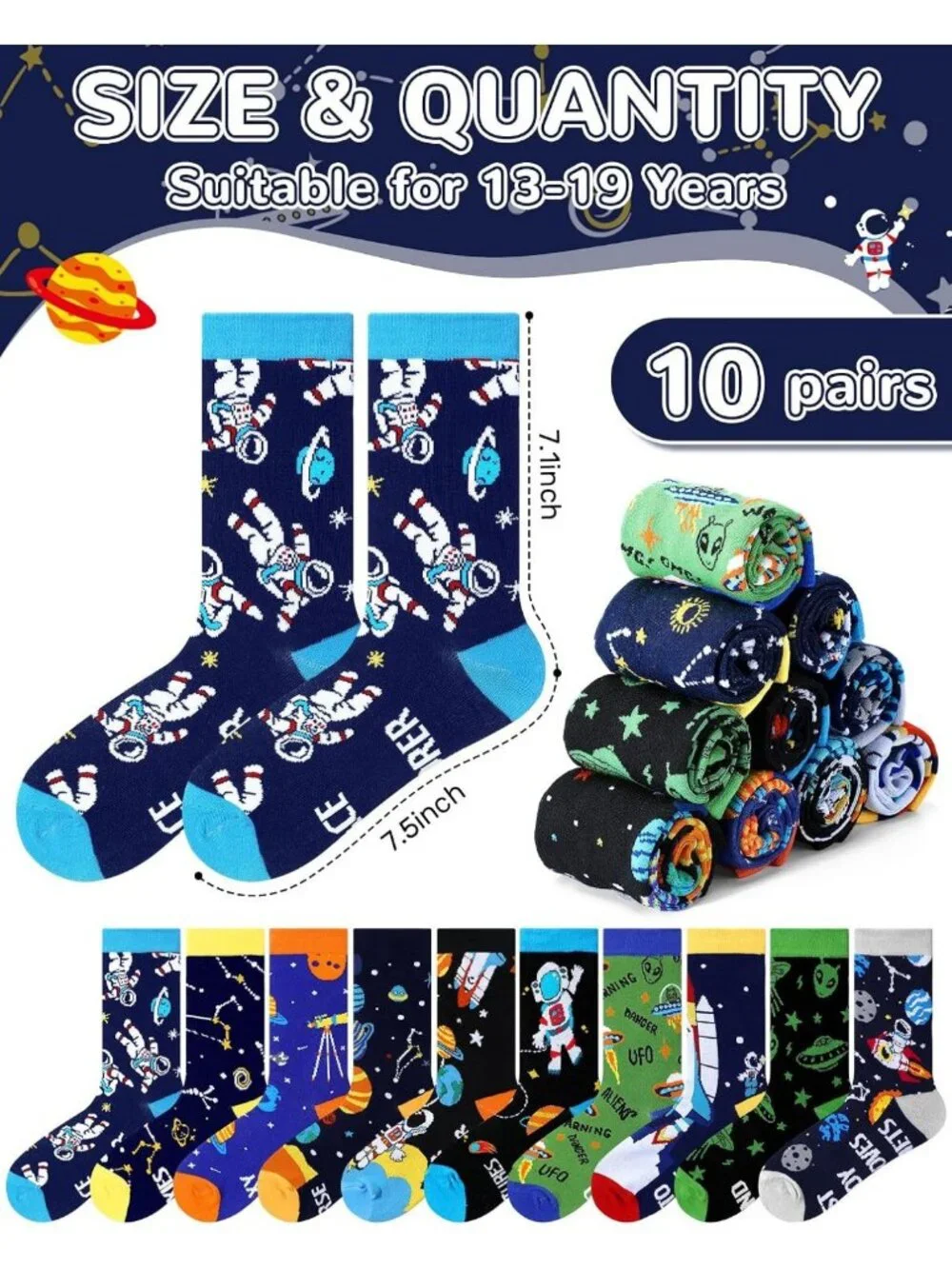 Colorful Galaxy Pattern Crew Socks - 10 Pairs Funny Space Socks for Teens, Gift